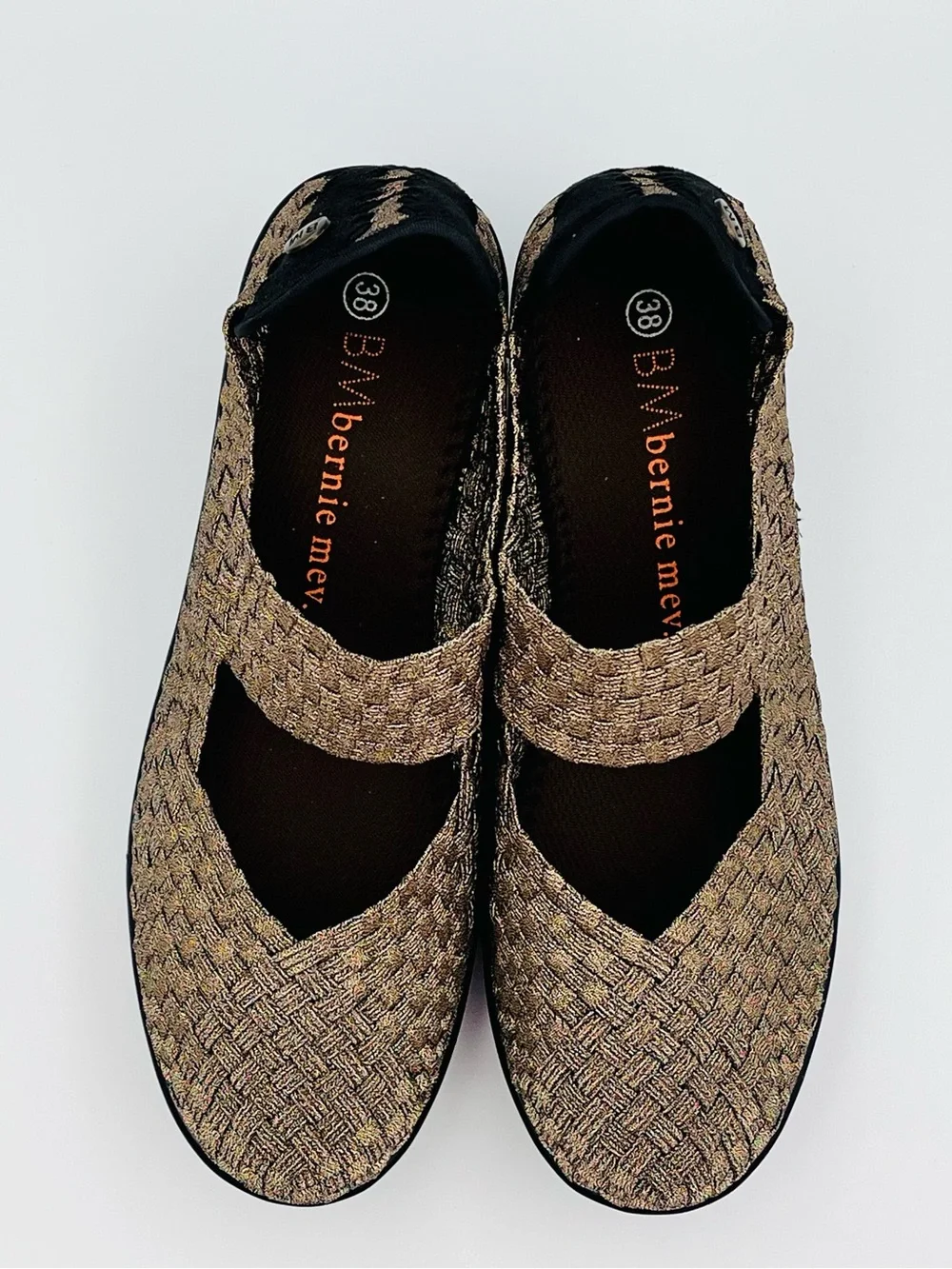 Bernie Mev Gold Bronze Mary Jane Woven Wedge Slip-On Size 7